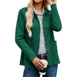 Women Knit Green Button Down  Blazer Sweater Jacket Long Sleeve Pockets Casual